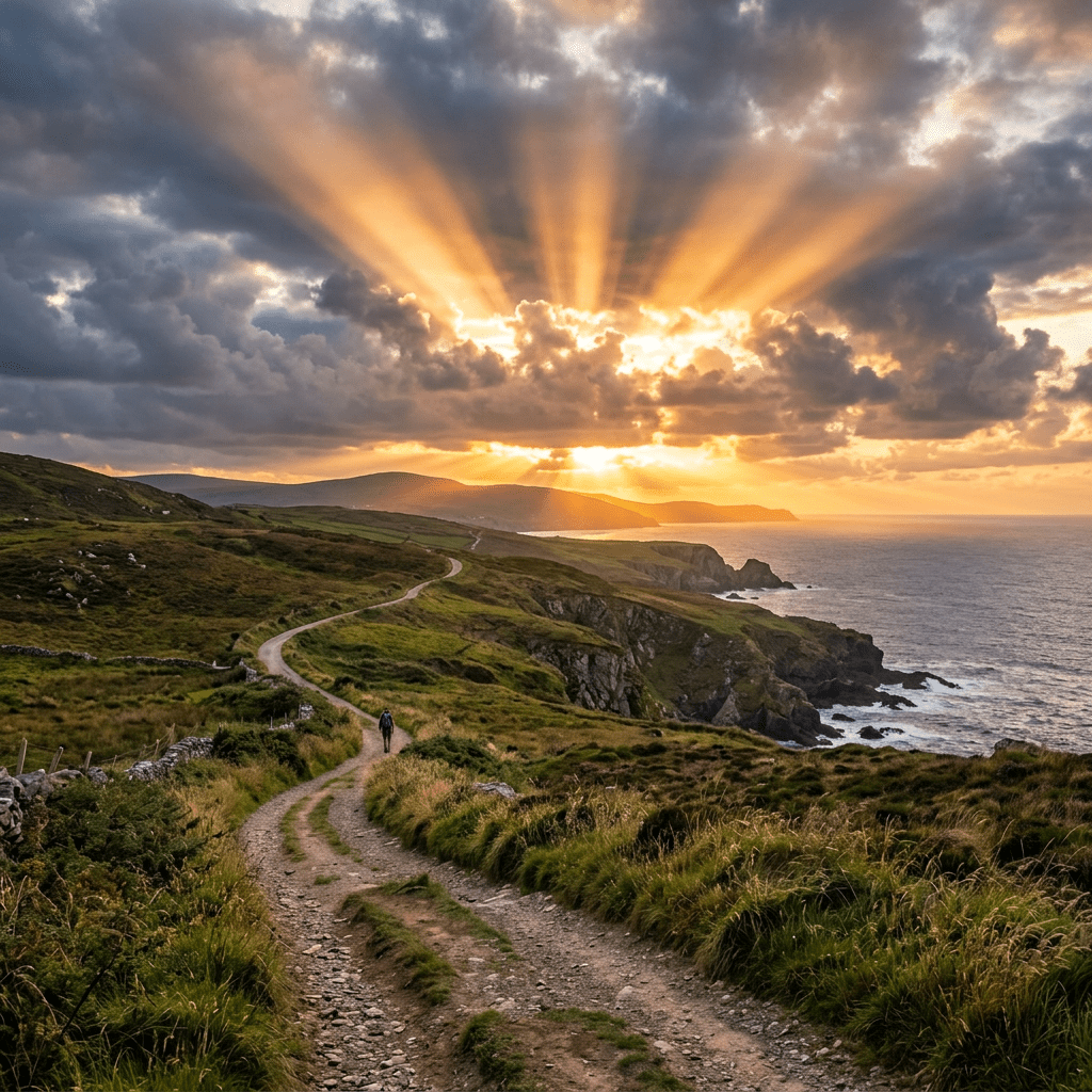 Person walking on a coastal path with sun rays breaking through clouds