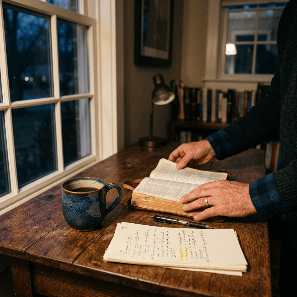 Person reading an open book beside coffee and handwritten notes