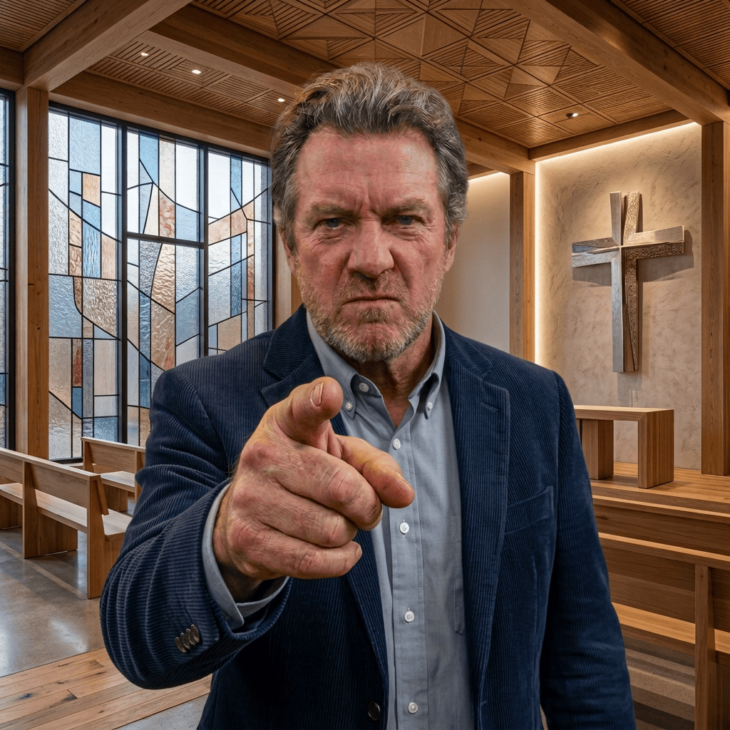 Angry man pointing at camera on a city shopping street